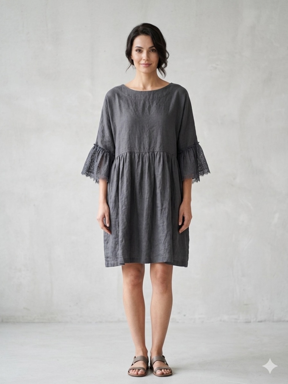 Women’s Gray Lace-Sleeve Linen Dress